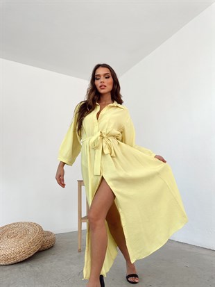 Zr model pamuklu gömlek elbise - SARI